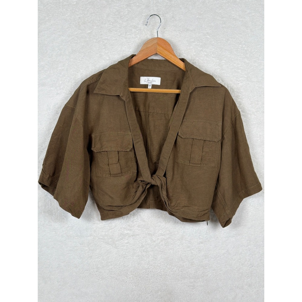 L'Academie Cropped Top Women XL Brown Utility Linen Blend Front Tie Short Sleeve